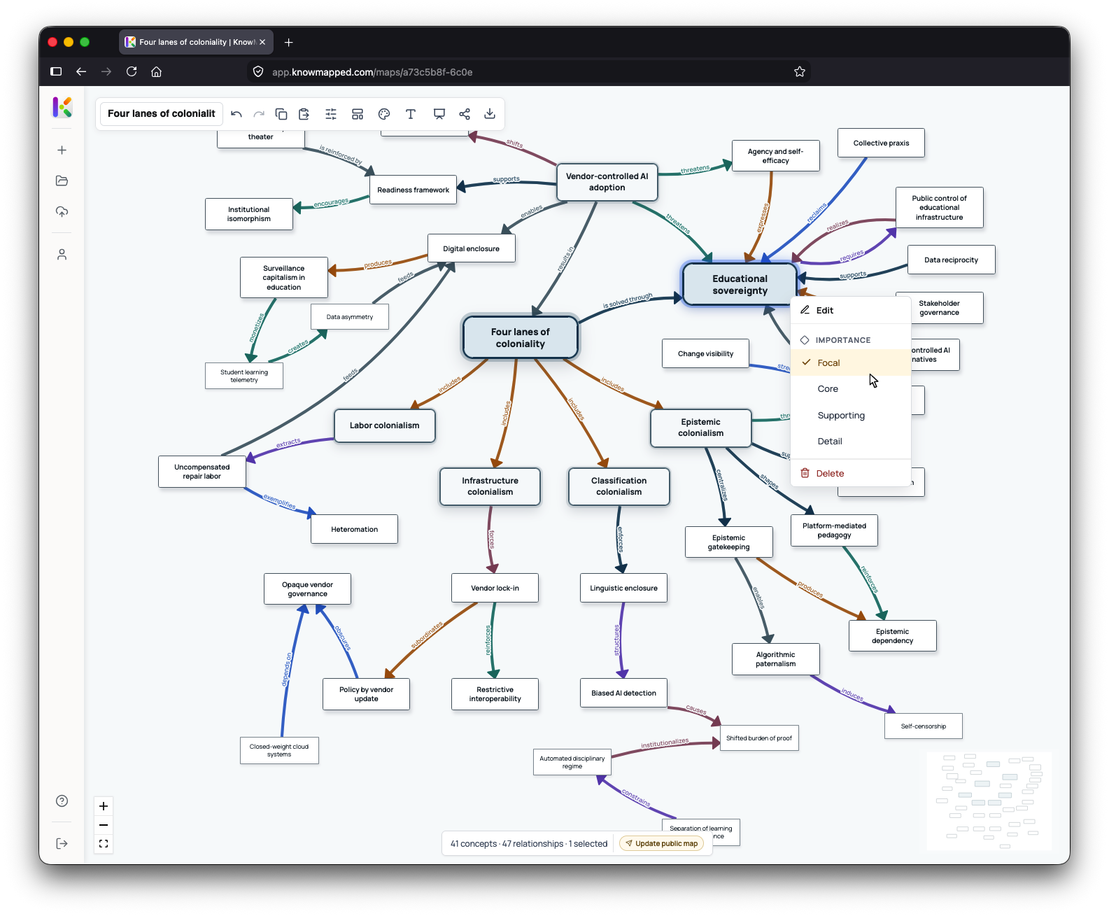 KnowMapped editor showing concepts and relationships in an editable knowledge map.