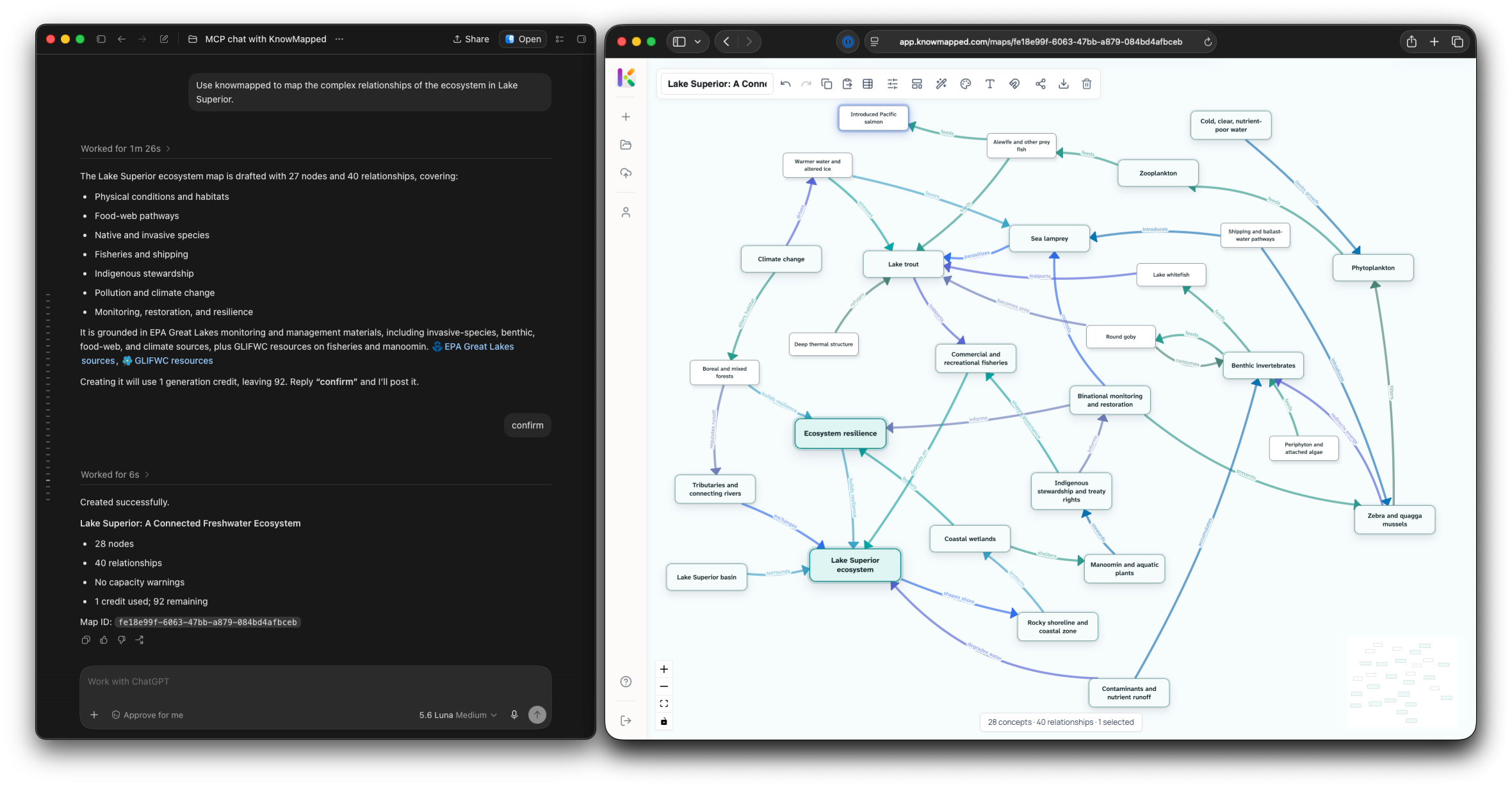 An AI conversation on the left produces an editable KnowMapped knowledge map on the right.